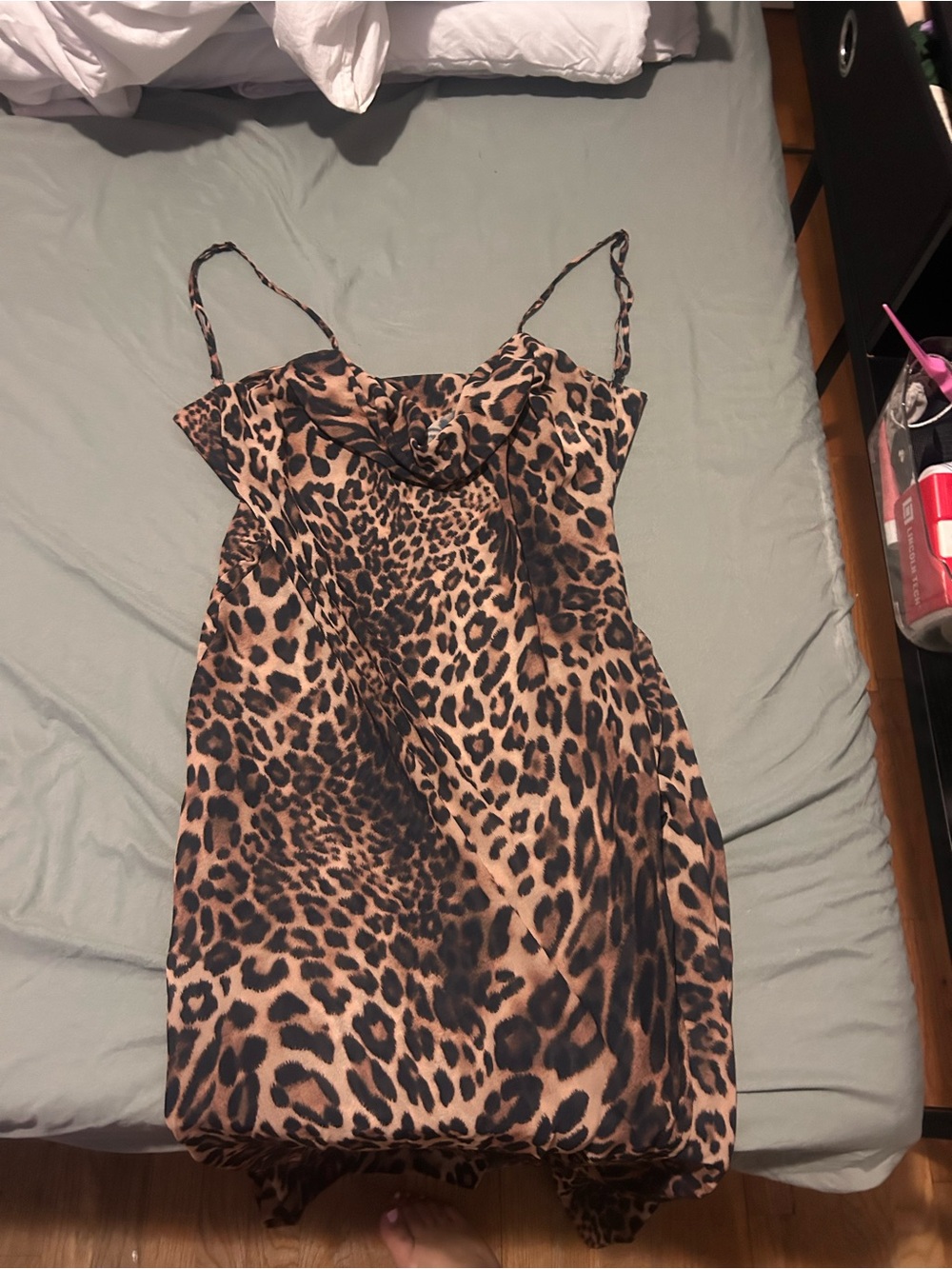 White Fox Boutique Leopard Print Cowl Neck Slip Dress in Tan and Black